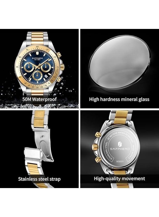 SAPPHERO Men's Stainless Steel Chronograph Watch, 50m Water Resistant, Analog Quartz Movement with Date Display, Classic and Elegant Luxury Watch, Refined Gift for Men - Image 5